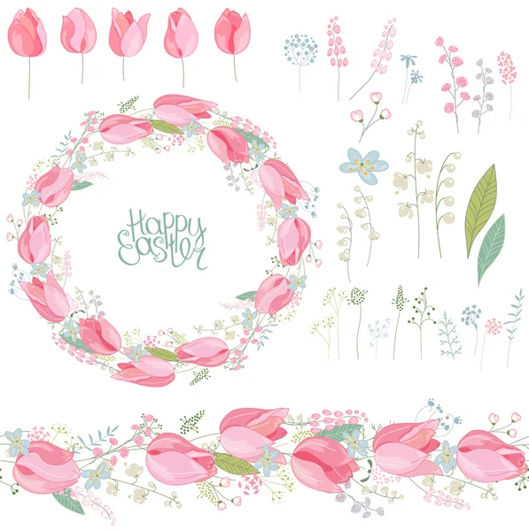 花の丸い花輪と赤いチューリップで作られた無限のパターンブラシ。ロマンチックなイースターのデザイン、装飾、グリーティングカード、招待状、広告のための花。フレーズハッピーイースター — ストックベクタ