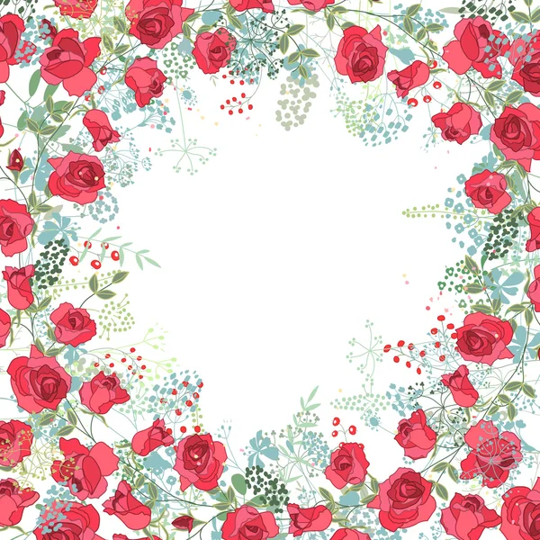 Plantilla cuadrada abstracta floral con hierbas estilizadas y rosas rojas. Silueta de plantas . — Archivo Imágenes Vectoriales