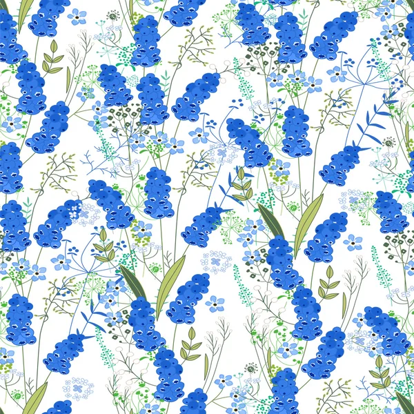 Stilize sevimli mavi muscari ile Seamless modeli. Tasarım, tebrik kartları, Duyurular, posterler için sonsuz doku.
