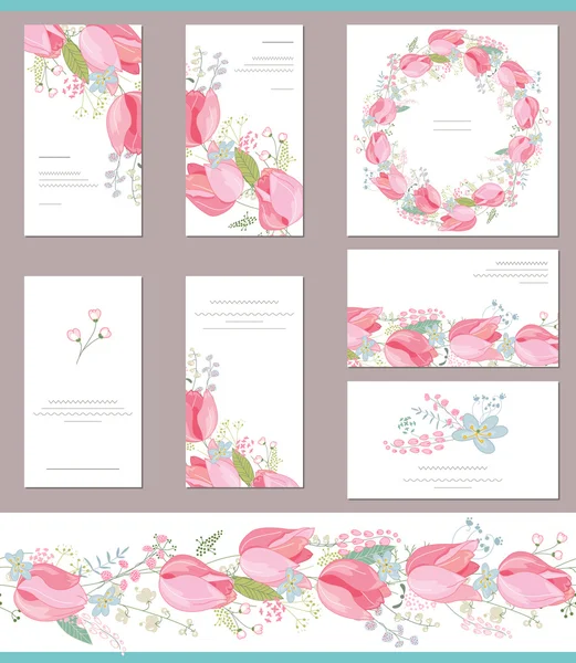 Bloemen lente sjablonen met schattige trossen van rode tulpen. Voor romantisch en Pasen ontwerp, aankondigingen, wenskaarten, posters, reclame. — Stockvector