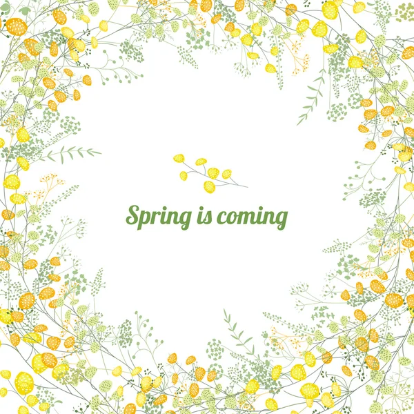 Kwiatowy kwadrat z pozdrowieniami z stylizowane żółte mimozy i wyrażenie "wiosna nadchodzi". — Wektor stockowy
