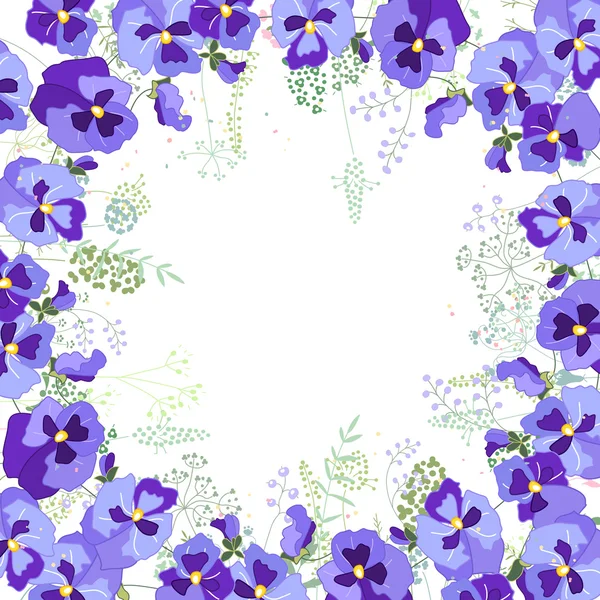 Quadro quadrado com viola de contorno e ervas em branco. Padrão com flores para o seu design de verão, cartões florais, cartazes . —  Vetores de Stock