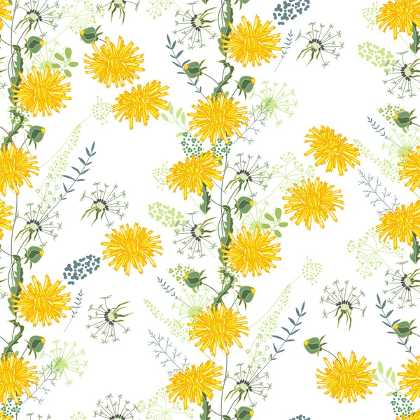 Floral seamless pattern made of yellow dandelions. Endless texture for romantic and spring design, decoration,  greeting cards, posters,  invitations, advertisement. — Stock Vector