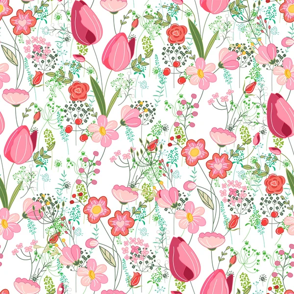 Seamless pattern with stylized cute flowers.  Endless texture for your design, greeting cards, announcements, posters. — Stock Vector