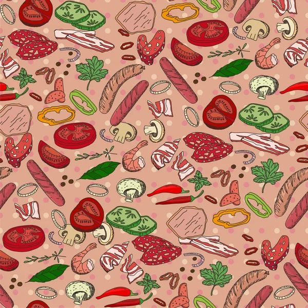 Бесшовный узор с различными овощами, грибами и мясом. Бесконечная текстура для Вашего дизайна, объявления, открытки, плакаты, меню ресторана и кафе . — стоковый вектор