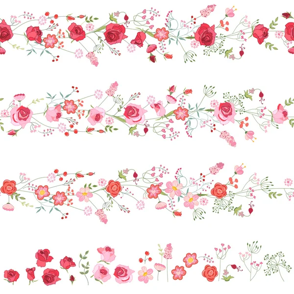 Interminables bordes horizontales con lindas rosas rojas y rosas rosadas. Cepillos sin costuras. Para el diseño romántico y de la boda, anuncios, tarjetas de felicitación, carteles, publicidad . — Vector de stock