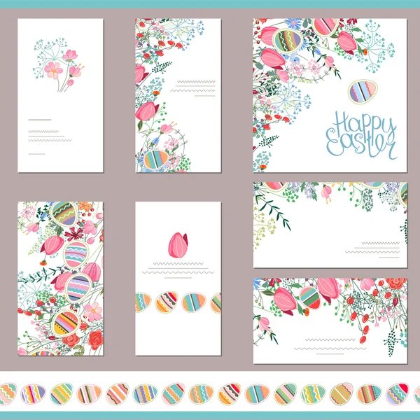 Floral spring templates with cute flowers and painted eggs. Endless horizontal pattern brush with eggs. For romantic and easter design, announcements, greeting cards, posters, advertisement. — Διανυσματικό Αρχείο