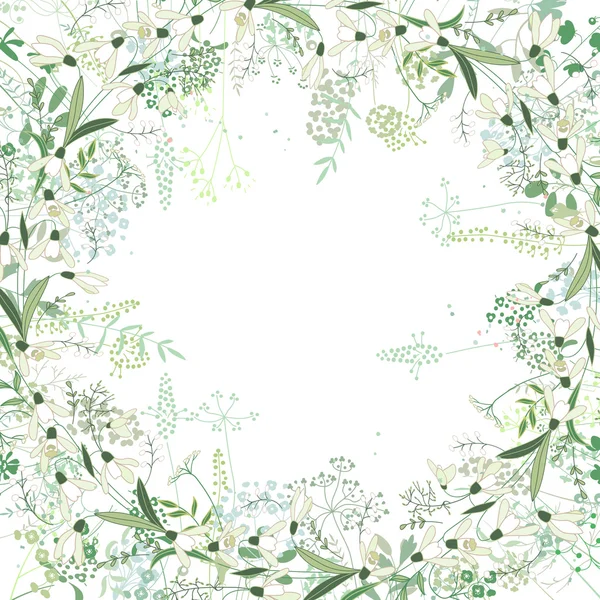 Quadro quadrado com galanthus de contorno e ervas em branco. Padrão com flores para o seu design de primavera, cartões florais, cartazes . —  Vetores de Stock