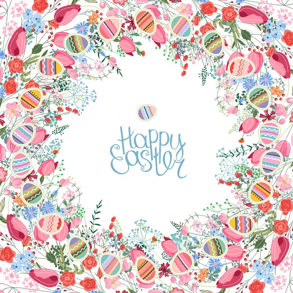 Wielkanocna rama z kwiatami konturów i jajkami. Szablon do projektowania, kartki okolicznościowe, świąteczne ogłoszenia, plakaty. — Wektor stockowy