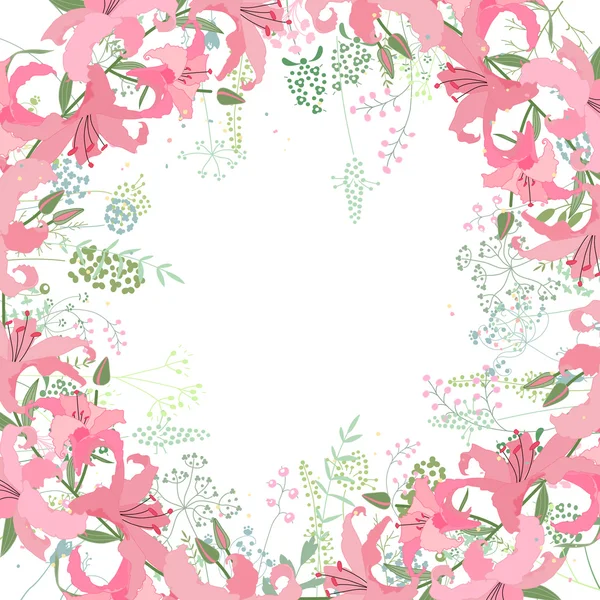 Quadratischer Rahmen mit Konturlilien und Kräutern auf weiß. Muster mit Blumen für Ihr Sommerdesign, florale Grußkarten, Poster. — Stockvektor