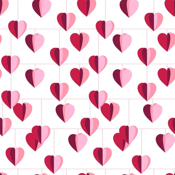 Festive seamless pattern with hanging hearts cut from paper.  Endless texture for your design, greeting cards, announcements, posters. — Stock Vector