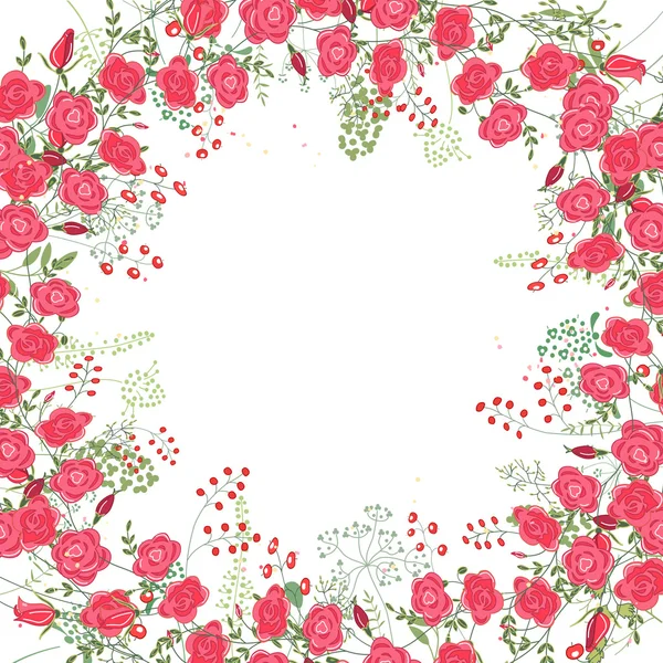 Fyrkantig ram med kontur rosor och örter på vitt. Blommönster för ditt bröllop design, blommig gratulationskort, affischer. — Stock vektor