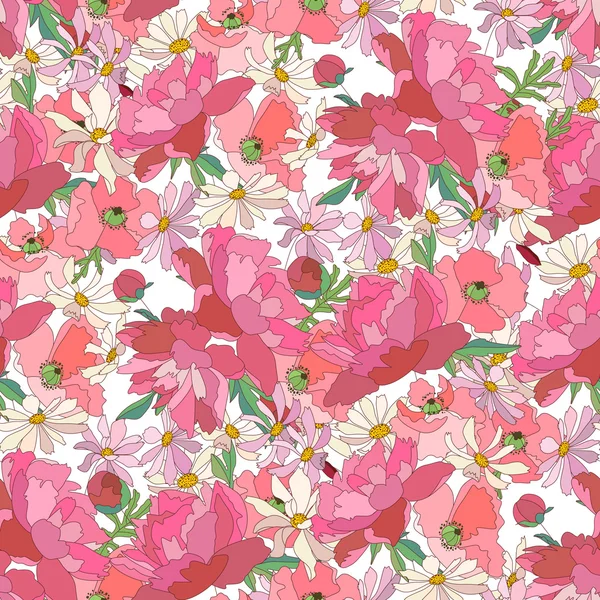 Naadloze bloemen patroon gemaakt van pioenroos en verschillende zomer bloemen. Eindeloze textuur voorontwerp, decoratie, wenskaarten, posters, uitnodigingen, reclame. — Stockvector