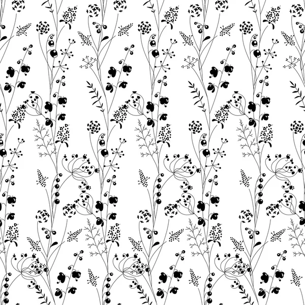 Florales nahtloses Muster mit Waldkräutern. Schwarz-Weiß. Endlose Textur für romantisches Design, Dekoration, Grußkarten, Poster, Einladungen, Werbung. — Stockvektor