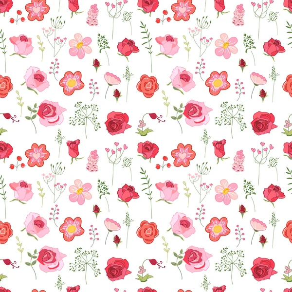 Florales nahtloses Muster aus roten Rosen und stilisierten Blumen. Endlose Textur für romantisches Design, Dekoration, Grußkarten, Poster, Einladungen, Werbung. — Stockvektor