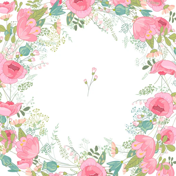 Cadre de printemps avec des roses de contour et différentes fleurs. Modèle pour votre conception, cartes de vœux, annonces de mariage, affiches . — Image vectorielle