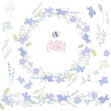 Bahar öğelerine kontur mavi çiçekler ve otlar. Şablon tasarım, tebrik kartları, bayram Duyurular, posterler için.
