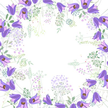 Beyaz kontur bluebells ve otlar ile Kare çerçeve. Yaz tasarımı, çiçek tebrik kartları, posterler için çiçek ile Desen.
