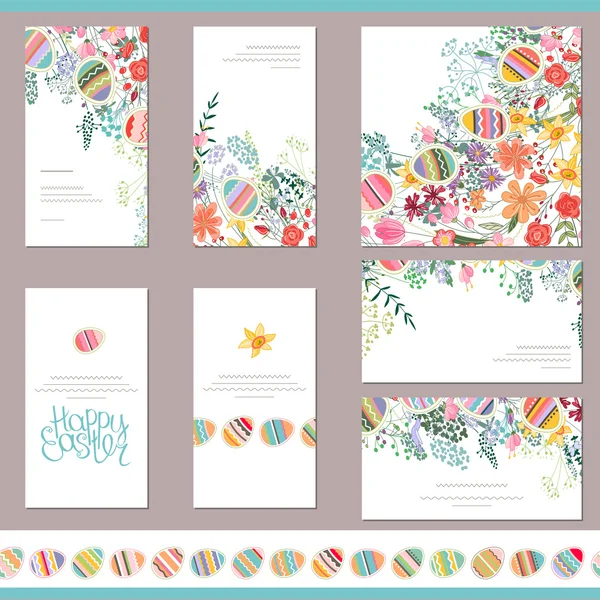 Floral spring templates with cute flowers and painted eggs. Endless horizontal pattern brush with eggs. For romantic and easter design, announcements, greeting cards, posters, advertisement. — Stock Vector
