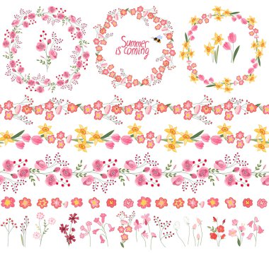 Çiçekli yaz elementleri, şirin laleler, nergisler ve güller. Sonsuz yatay desenli fırçalar. Romantik ve Paskalya tasarımı için duyurular, tebrik kartları, posterler, reklamlar.