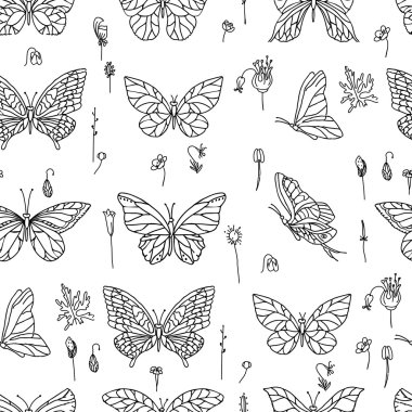 Kelebekler ile Seamless modeli. Siyah ve beyaz. Tasarım, Duyurular, kartpostallar, posterler için sonsuz doku.