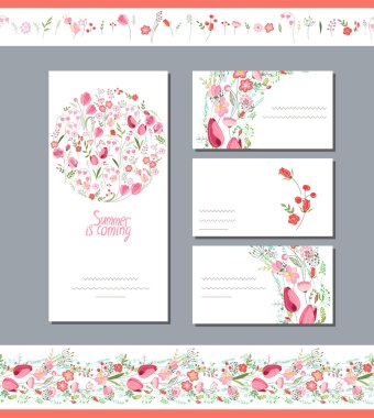 Floral spring templates with cute bunches of red tulips. Endless horizontal pattern brush. For romantic and easter design, announcements, greeting cards, posters, advertisement.