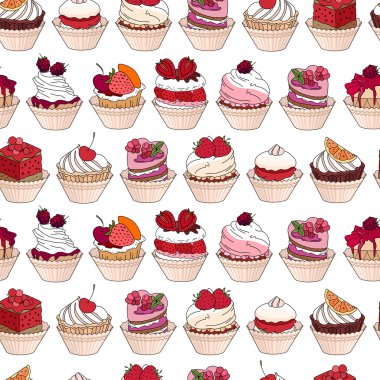 Tatlı çeşitleri ile Seamless modeli. Tasarım, Duyurular, kartpostallar, posterler, Restoran Menü için sonsuz doku.