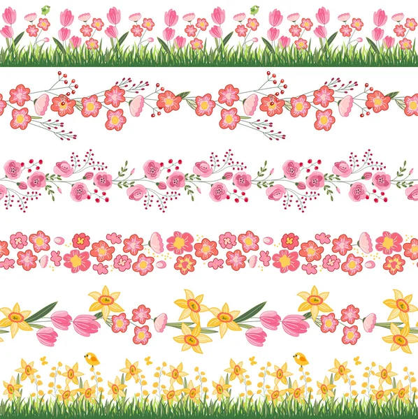 Festlichen Frühling nahtlose Musterbürsten. endlose horizontale Grenzen mit Blumen auf grünem Gras. Für Ihre Gestaltung, Grußkarten, Verpackungen, Stoffe, Ankündigungen. — Stockvektor