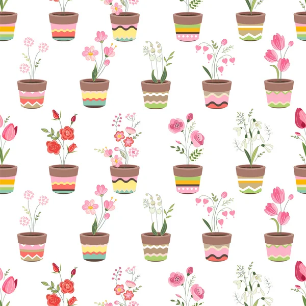 Seamless pattern with cute striped flower pots and growing flowers. Endless texture for your design, advertisement, posters. — Stock Vector