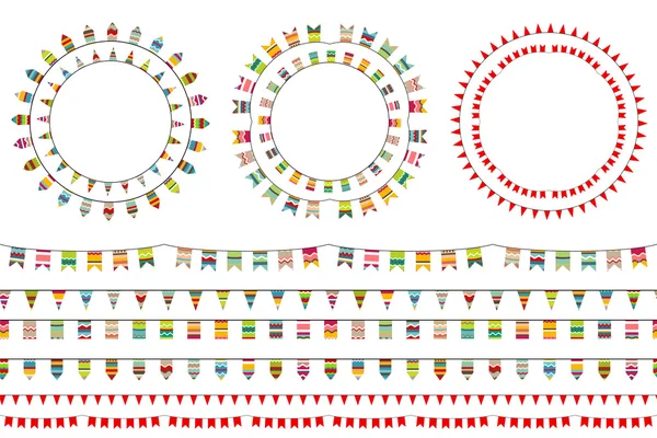 Round festive frames with flags, endless horizontal textures. Seamless pattern brushes. — Stockvector