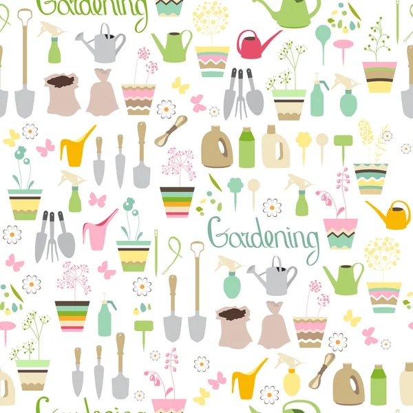 Seamless pattern with gardening tools, flower pots,herbs and vegetables.Endless texture for your design, advertisement, posters. — Stock Vector