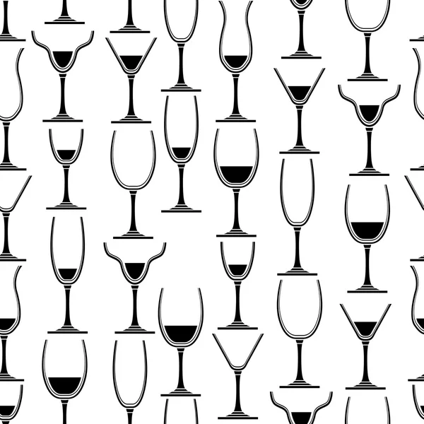 Modèle sans couture avec différents verres pour le vin. Noir et blanc. Pour votre menu desing, restaurant et café . — Image vectorielle
