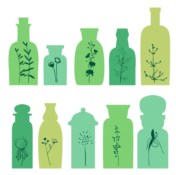 Set met kleine vintage flessen. Silhouet van planten. — Stockvector