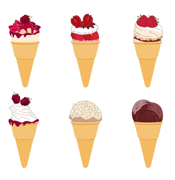 Set van realistische ijsjes op wit. Verschillende smaak en kleur. — Stockvector