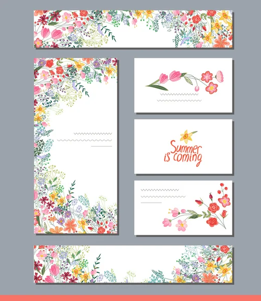 Summer templates with contour flowers.Phrase Summer is coming. Template for your design, greeting cards, festive announcements, posters. — Stock Vector