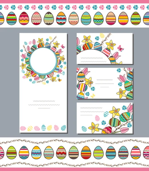 Spring templates. Phrase Happy Easter. Spring flowers, eggs and butterflies. Endless horizontal pattern brush.Template for your design, festive greeting cards,  announcements, posters. — Stock Vector