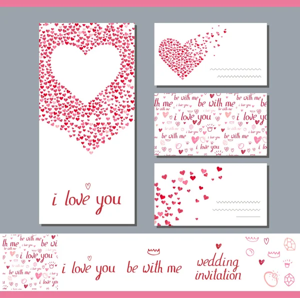 Templates with heart made of small ones.  Phrase Wedding invitation.   Symbols of love  for romantic design,  wedding invitations, advertisement. — Stock Vector