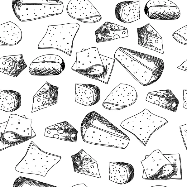 Patrón sin costuras con diferentes rebanadas de queso. Blanco y negro. Textura sin fin para su diseño — Archivo Imágenes Vectoriales