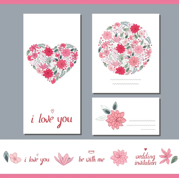 Floral spring templates with heart made of different stylized flowers. For romantic and wedding design, announcements, greeting cards, posters, advertisement. — Stock Vector