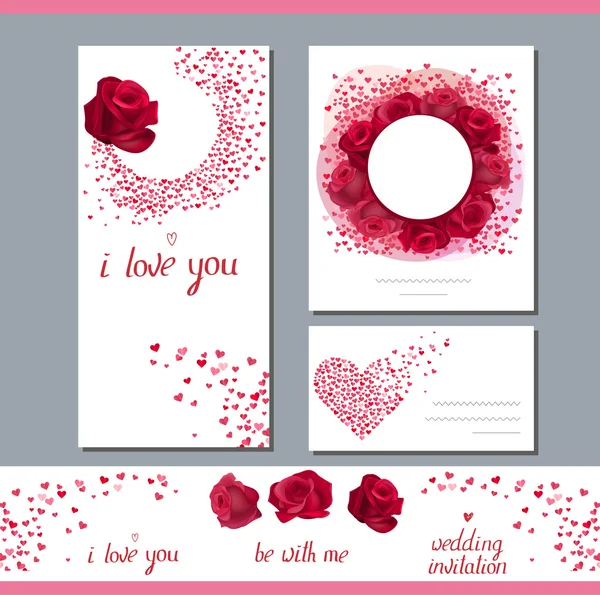 Πρότυπα με τριαντάφυλλα και μικρές καρδιές. Φράση που σ ' αγαπώ. Σύμβολα της αγάπης για ρομαντικό σχεδιασμό, προσκλήσεις γάμου, διαφήμιση. — Διανυσματικό Αρχείο