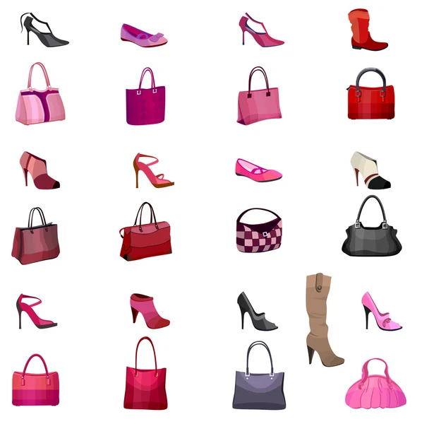 Set with womans bags and shoes isolated on white background.  Objects for your design, announcements, advertisement, posters. — Stock Vector