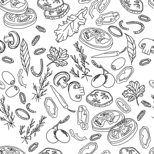 Modèle sans couture avec différents légumes et herbes. Texture infinie pour votre design, annonces, tissus, cartes, affiches, restaurant et menu de café. Noir et blanc — Image vectorielle