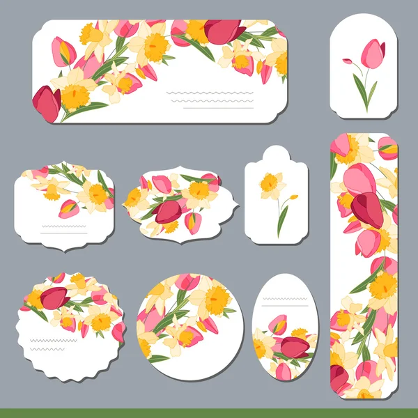Collection with different floral paper labels for  announcements. Round,square,rectangular, different shapes. Red,yellow and pink flowers. Tulips and daffodils — Stock Vector