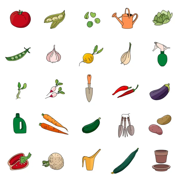 Tuingereedschap voor planten geïsoleerd op wit. Gestileerde groenten en kruiden. Objecten voor uw ontwerp, advertentie, posters. — Stockvector