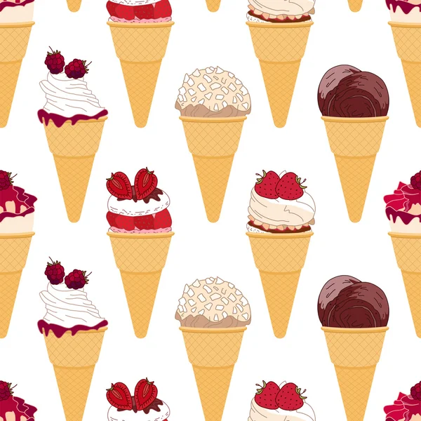 Seamless pattern with various icecreams  in cones. Different taste and color. — Stock Vector