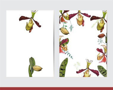 Çiçek ve süslemeli tebrik kartları. Orkideler ve otlarla dekore edilmiş.