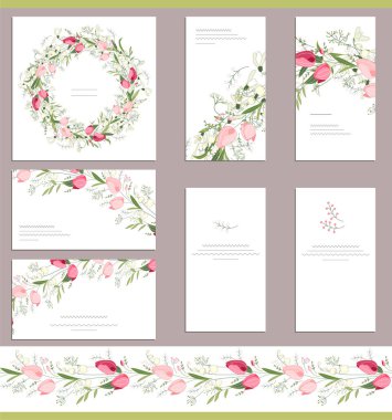 Mevsim ve festival tasarımı için farklı çiçek unsurları içeren tebrik kartları