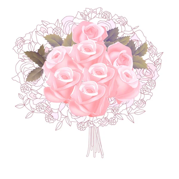 Contorno Estilizado Ramo Rosas Rosadas Contorno Blanco — Vector de stock