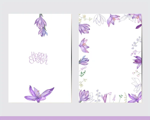 Cartes Voeux Avec Des Éléments Floraux Décor Avec Crocus Herbes — Image vectorielle