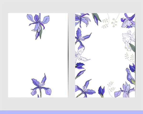 Вітальні Листівки Квітковими Елементами Декор Травами Ірисами — стоковий вектор